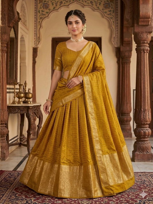 Teeya Creation New South Indian Silk Checked Half Saree Lehenga Choli with Zari Border-Yellow