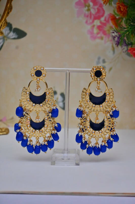 Meenakari Work Gold Plated 2 Layered Beaded Royal Blue Chandbali Earrings with Kundan and Pearl Work By House of Ree - Grab2buy