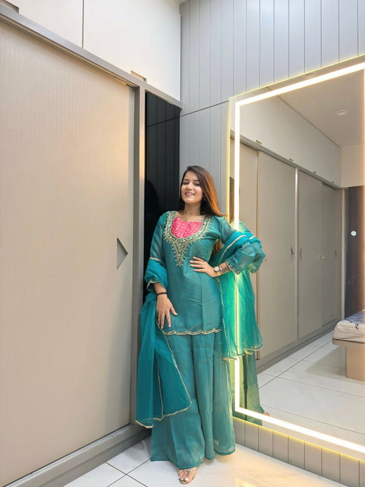 Anaita Sky-Blue Roman Shimmer Readymade Kurti Set with Handwork & Moti Work