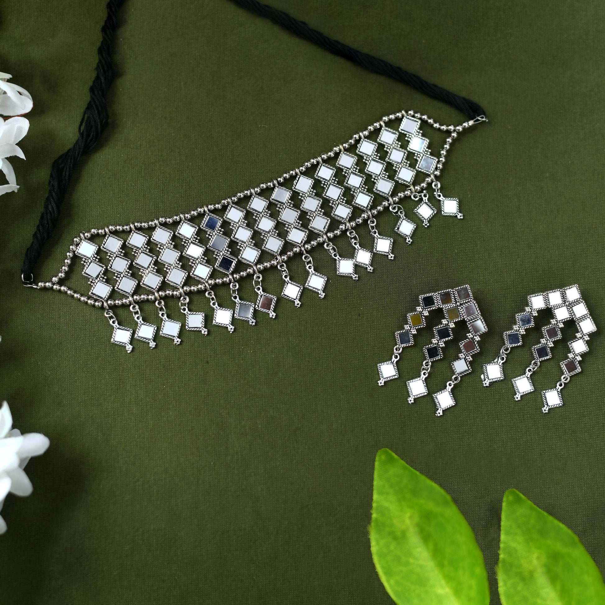 Mominos Fashion Johar Kamal Oxidised Silver-Plated Alloy Finish Mirror Choker For Women - Grab2buy