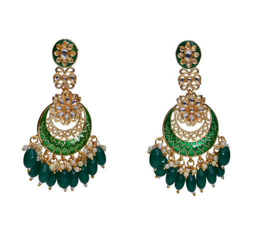 Gold Plated Kundan & Pearl Dangle Women Green Meenakari Chandbali Earrings By House of Ree - Grab2buy
