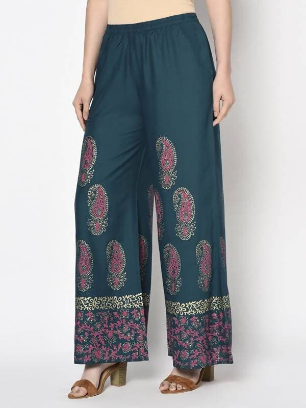 Aniyah Rayon Teal Blue Color Block Print Flared Slip-On Palazzo (AN-222K)
