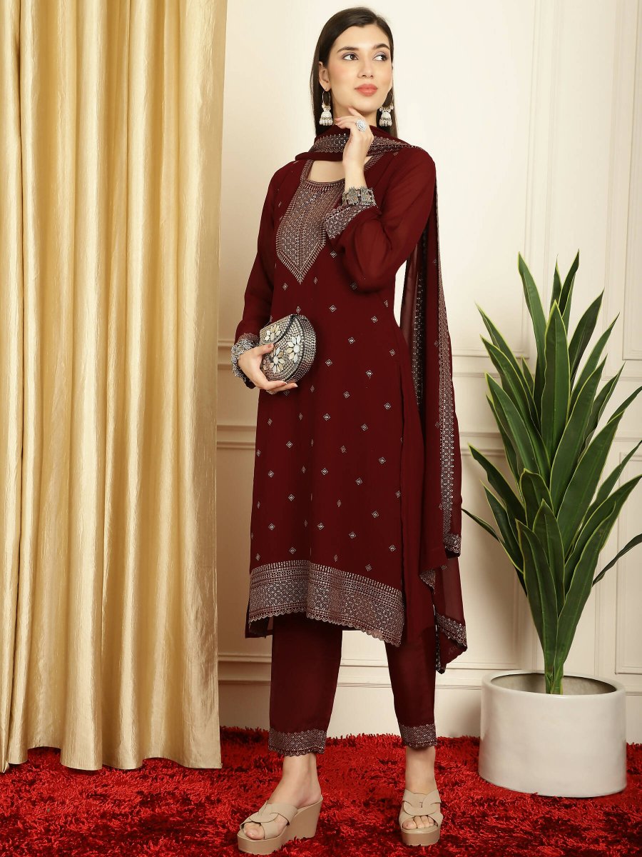 Aastha Fashion Women's Maroon Georgette Resham Thread & Sequin Kurta with Trouser & Dupatta - Grab2buy