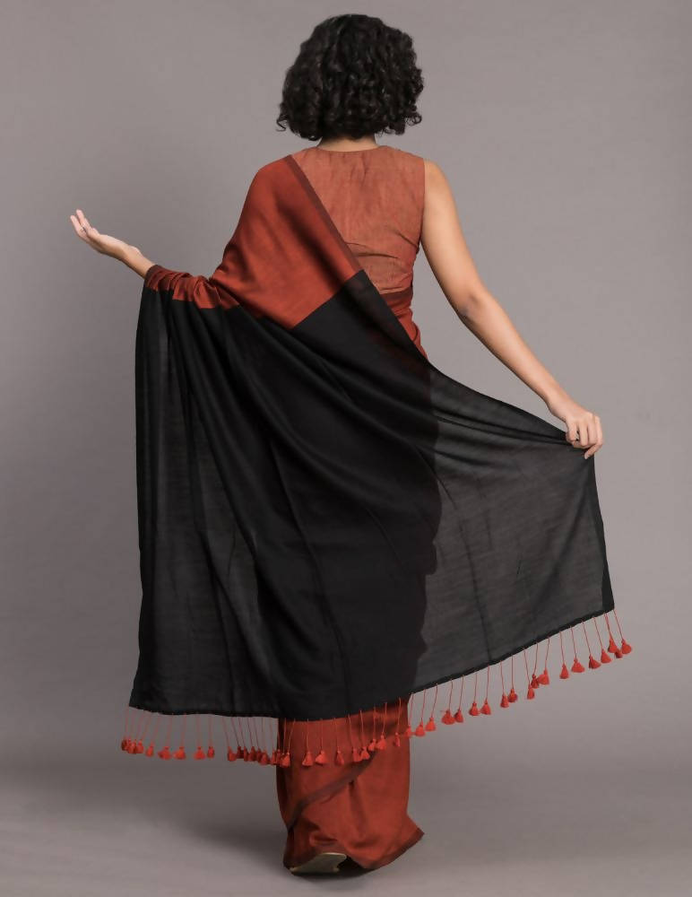 Suta Rust Brown Black Cotton Blend Colourblocked Saree - Grab2buy