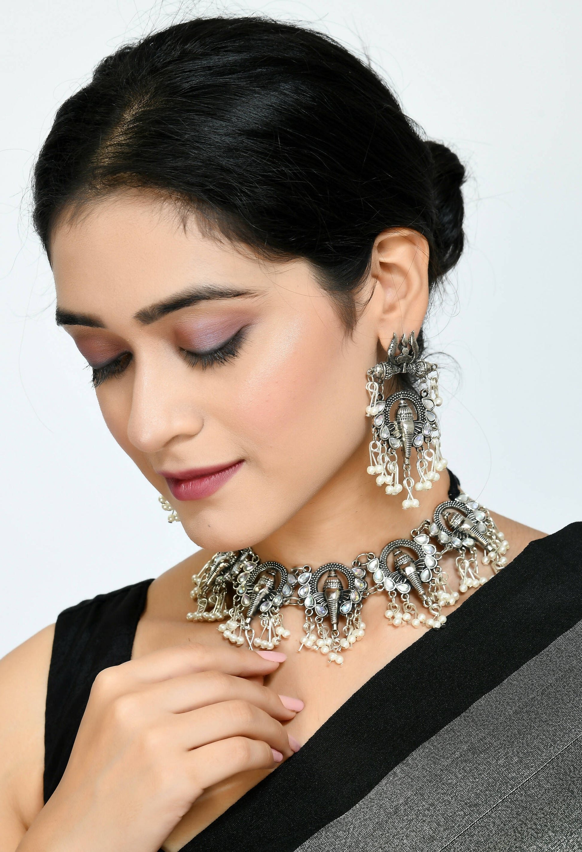 Mominos Fashion Johar Kamal Oxidised Silver-Plated Ganesha Design Necklace Choker Set for Women - Grab2buy