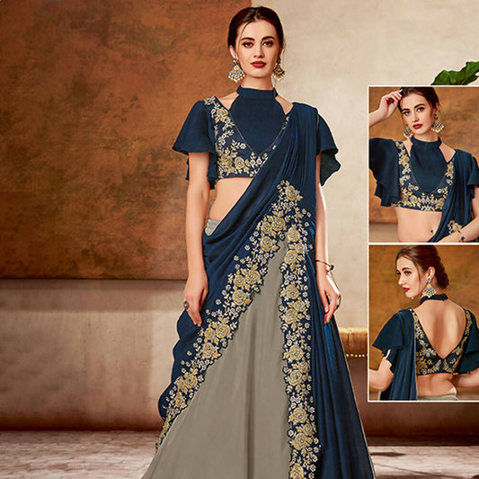 Grey, Blue Dual Tone Silk Georgette Thread, Ribbon Embroidery, Handwork Semi-Stitched Lehenga Saree - Mohmanthan Dezzy