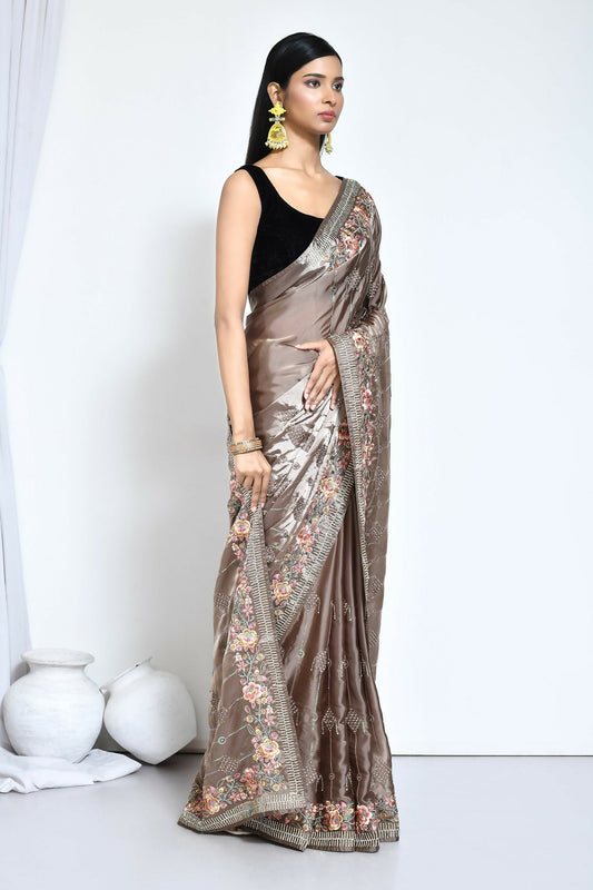 Brown Satin Silk Sequence Embroidered with Stone work Saree - Nimaya Benzy