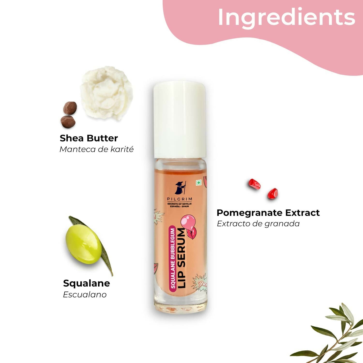 Pilgrim Spanish Lip Serum (Bubblegum) with Roll-on For Visibly Plump Lips, Hydrating Lip Serum For Dark Lips - Grab2buy