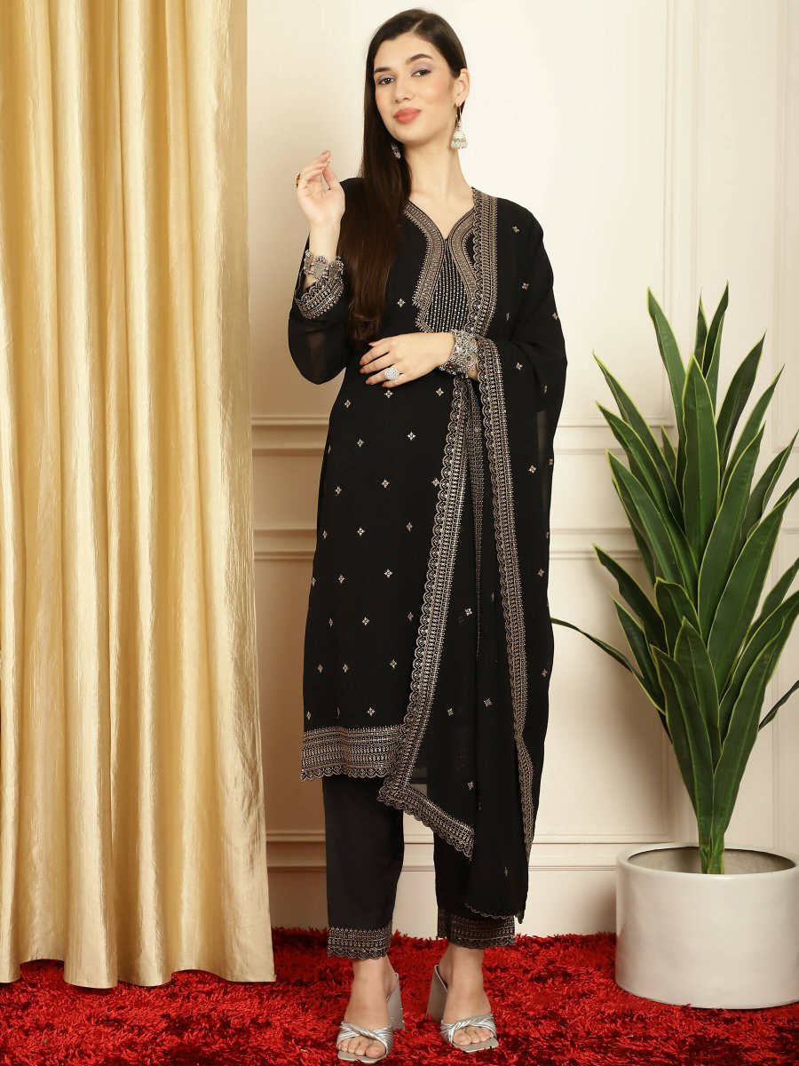Aastha Fashion Women's Black Georgette Resham Thread & Sequin Kurta with Trouser & Dupatta - Grab2buy