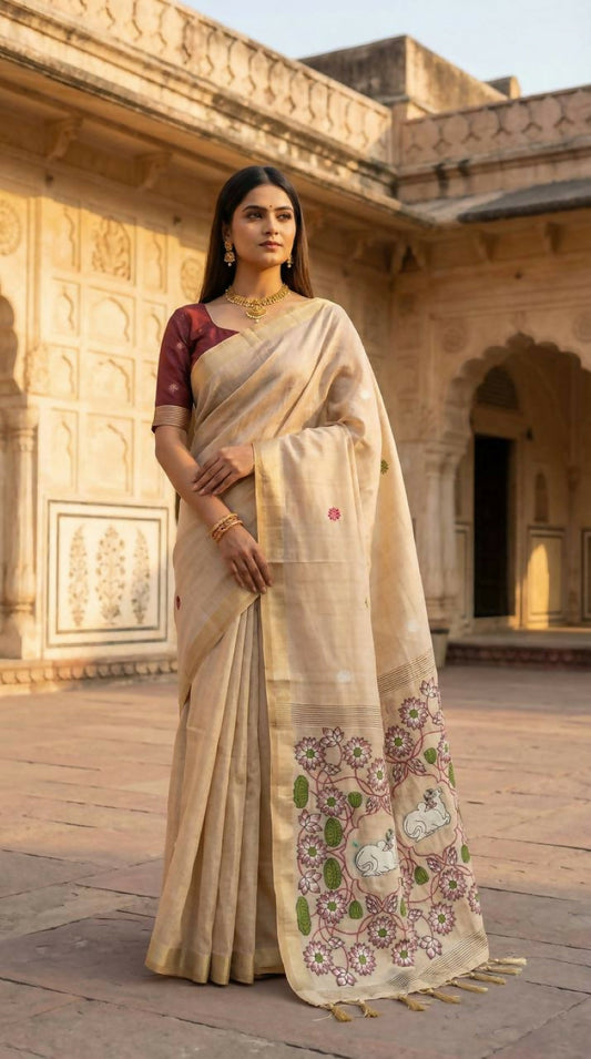 Vastranavya Cream Muga Cotton Meenakari & Azarakh Pallu Grab2Buy with Contrast Blouse Grab2Buy Vastranavya Grab2Buy
