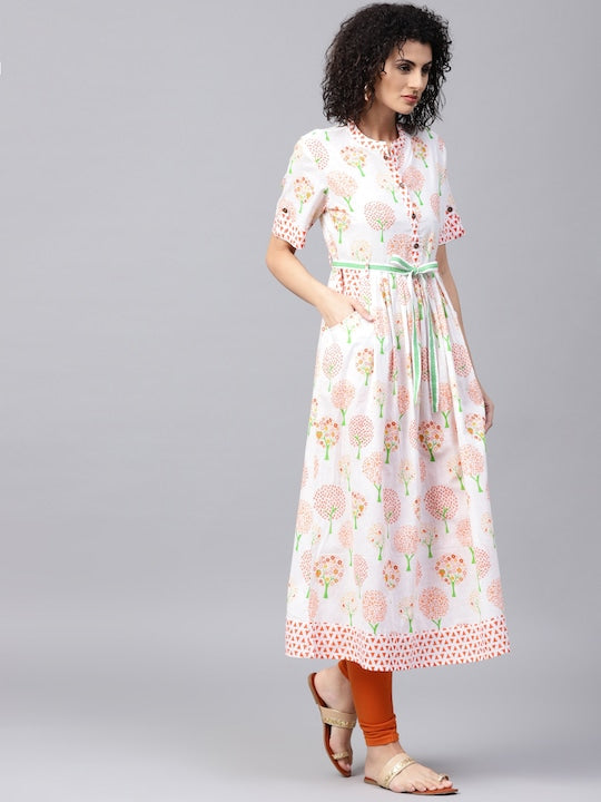 NOZ2TOZ White & Orange Printed A-Line Kurta - Grab2buy