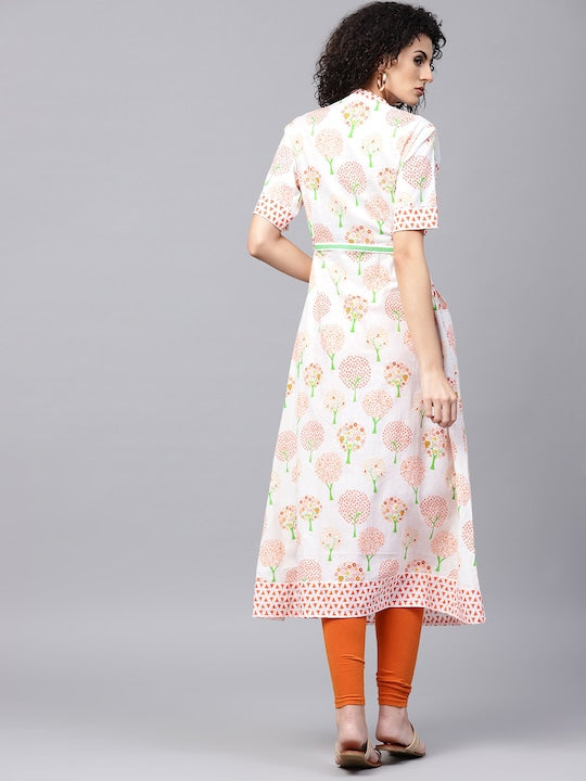 NOZ2TOZ White & Orange Printed A-Line Kurta - Grab2buy