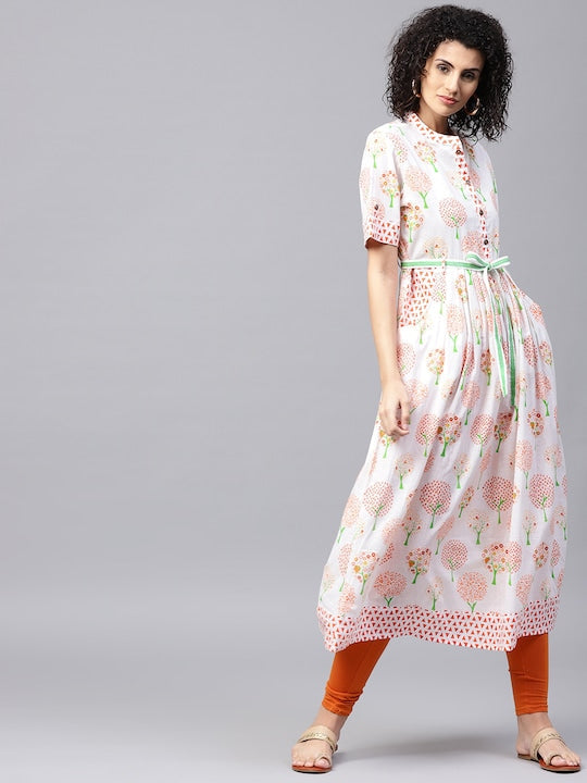 NOZ2TOZ White & Orange Printed A-Line Kurta - Grab2buy