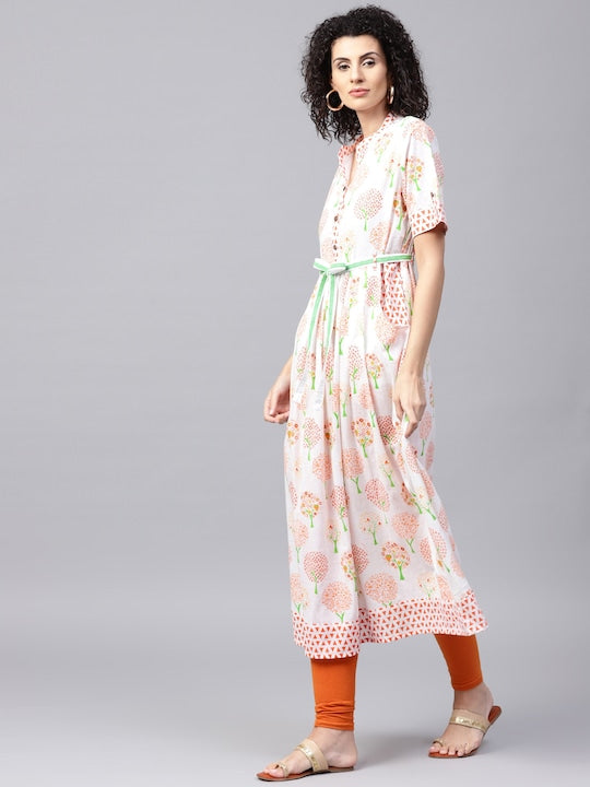 NOZ2TOZ White & Orange Printed A-Line Kurta - Grab2buy