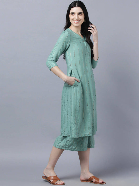Myshka Women's Stylish Green Cotton 3/4 Sleeve Kurta Palazzo Set
