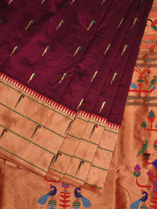 Wine Paithani Silk Handloom Grab2Buy with Pallu and Triple Muniya Border Design - Global Threads