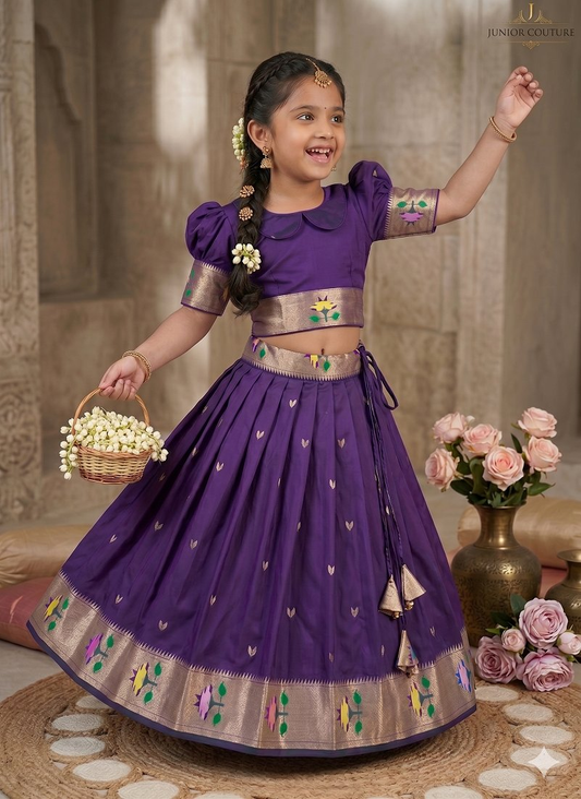 Evanik Purple Soft Silk Paithani Design Zari Weaving Pavadai Lehenga Choli For Kids