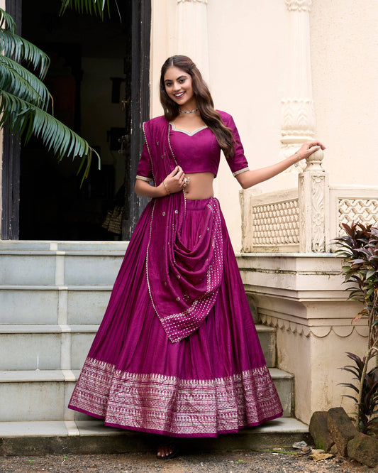 Evanik Women Pure Chanderi Plain With Zari Weaving Work Border Stitched Lehenga With Unstitched Blouse Dupatta(Up to 42)
