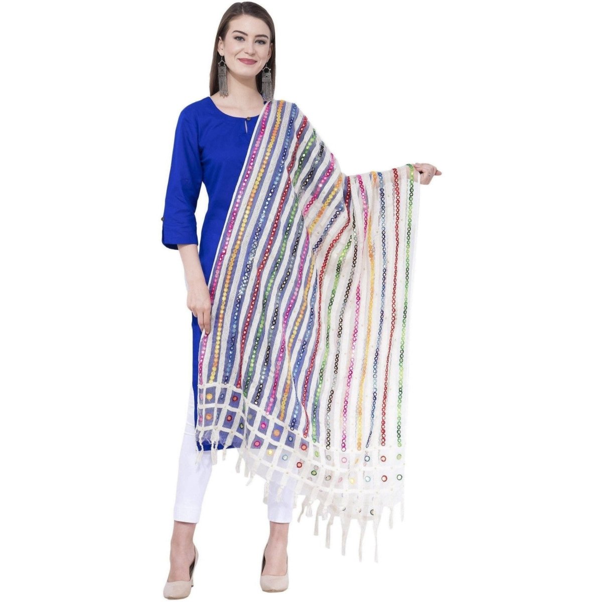 A R Silk Women's Multi Thread Work Orgenza Cotton White Dupattas and Chunnis