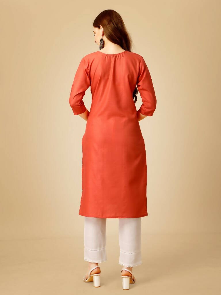 Aastha Fashion Women's Coral Cotton Blend Embroidered Kurta Pant Set - Grab2buy