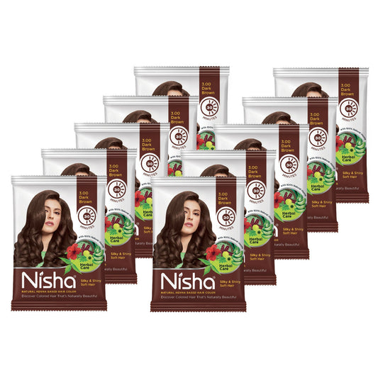 Nisha Henna Based Hair Colour for Women & Men - Dark Brown (Pack of 10)