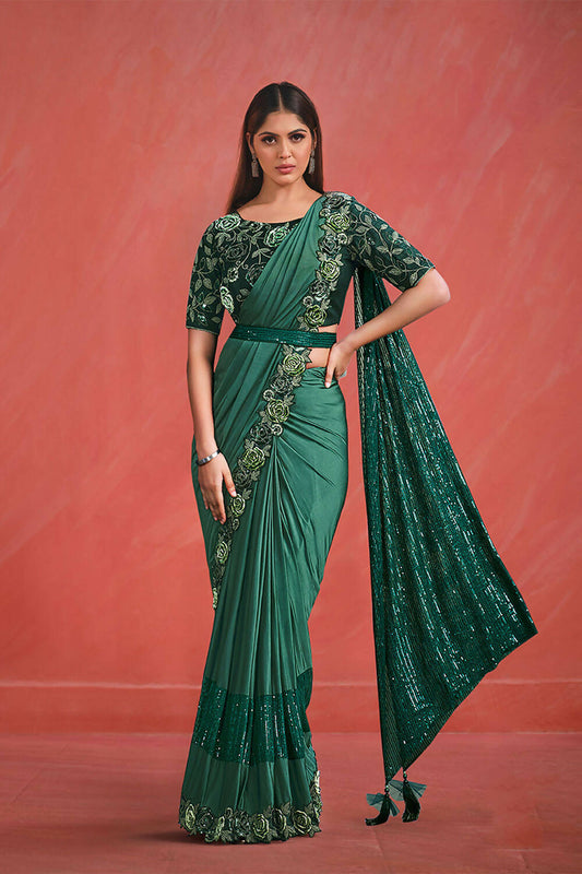 Green Crystal Lycra Cord & Sequence Embroidery with Thread Work Saree With Stitched Blouse - Mohmanthan Elegancia