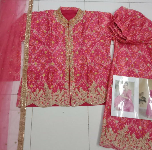 Vastranavya Pink Chinon Bandhini Print with Embroidery & Mirror or Jharkhan work Sharara Suit Grab2Buy Vastranavya Grab2Buy