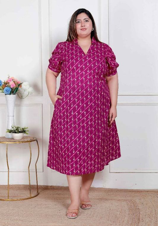 Miravan Plus Size Womens Magenta Floral Printed Cotton Dress With One Side Pocket