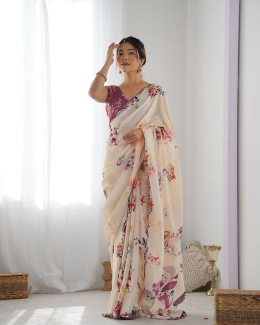 Peach Chinon Designer Digital Printed & Mirror Cut Work Saree - Kriti