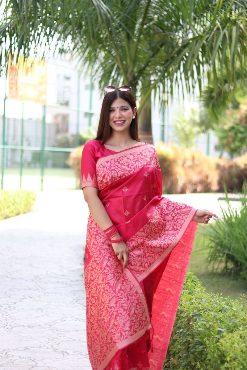 Aastha Fashion Rani Pink Woven Handloom Raw Silk Saree with Blouse - Grab2buy