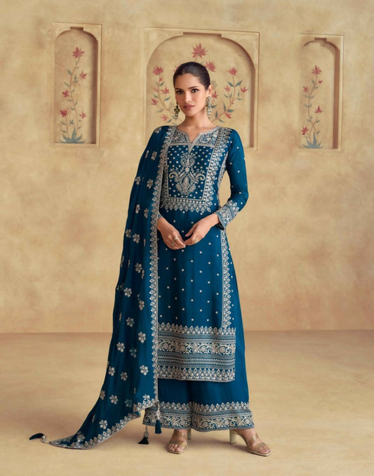 Vastranavya Teal Chinon Silk Embroidered Sequins Pakistani Straight Plaazo Suit Grab2Buy Vastranavya Grab2Buy