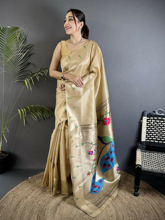 Joban Fashion Ivory Peacock & Floral Motifs Tissue Paithani Saree