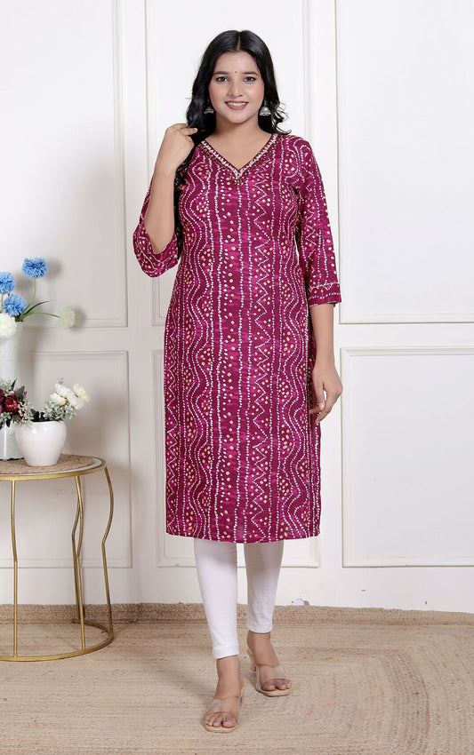 Miravan Womens Magenta Bandhej Printed Rayon Kurti | Grab2Buy