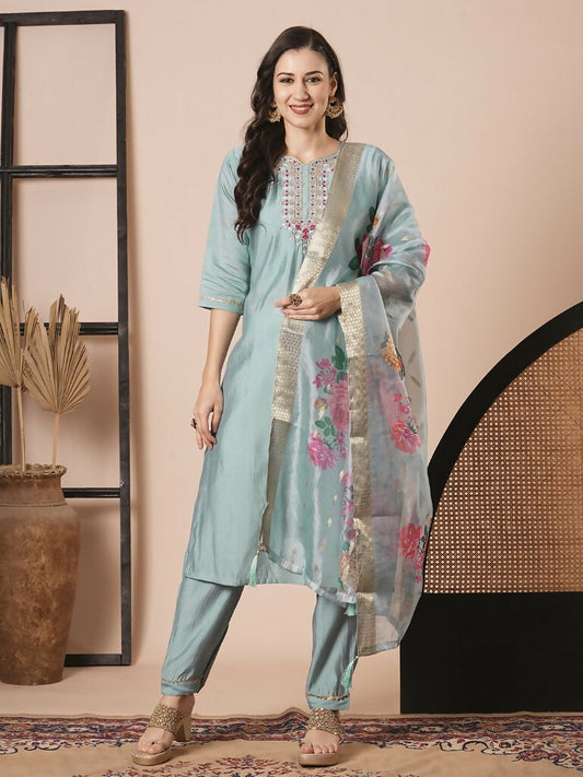 Sky Blue Viscose Chanderi Embroidery Work Kurta Set - Riya