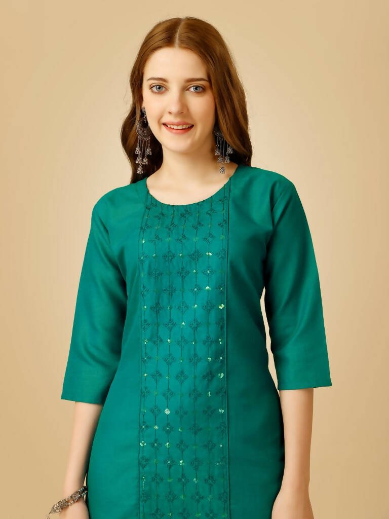 Aastha Fashion Women's Rama Cotton Blend Embroidered Kurta Pant Set - Grab2buy