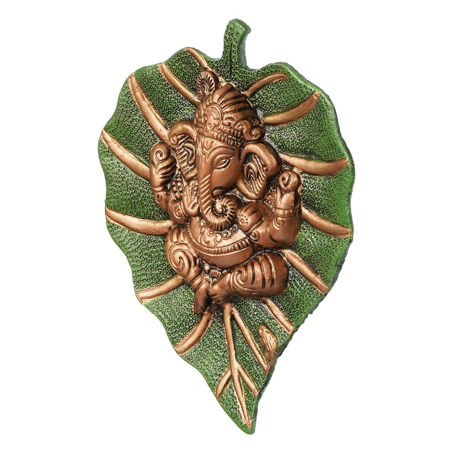 eCraftIndia Metal Golden Lord Ganesha On Green Leaf Wall Hanging Sculpture - Grab2buy