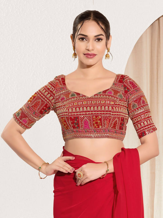 Joban Fashion Red Brocade Padded Blouse With Sweetheart Neck Elbow Sleeves