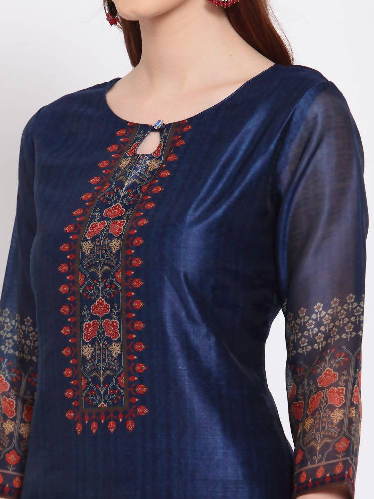 Myshka Women's Navy Blue Printed Chanderi Silk 3/4 Sleeve Round Neck Casual Kurta