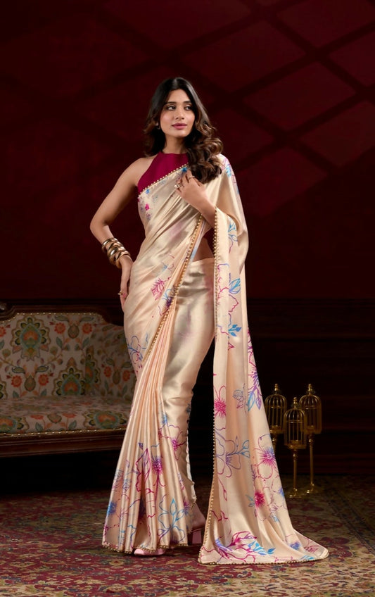 Vastranavya Cream Satin Silk Floral Printed with Pearl Lace Grab2Buy with Unstitched Blouse Grab2Buy Vastranavya Grab2Buy