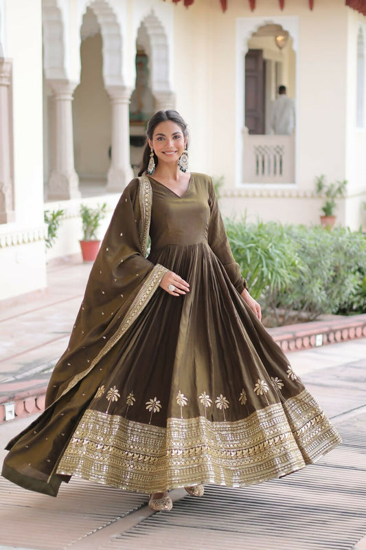 Teeya Creation Womens New Fancy Vichitra Silk With Rich Sequins Embroidered Work Gown Set