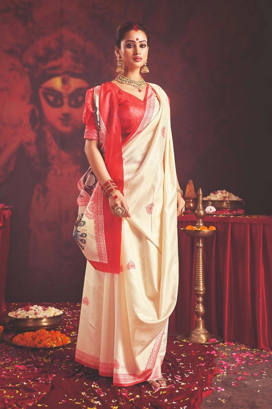Joban Fashion Silk Blend Off White Color Garad Saree