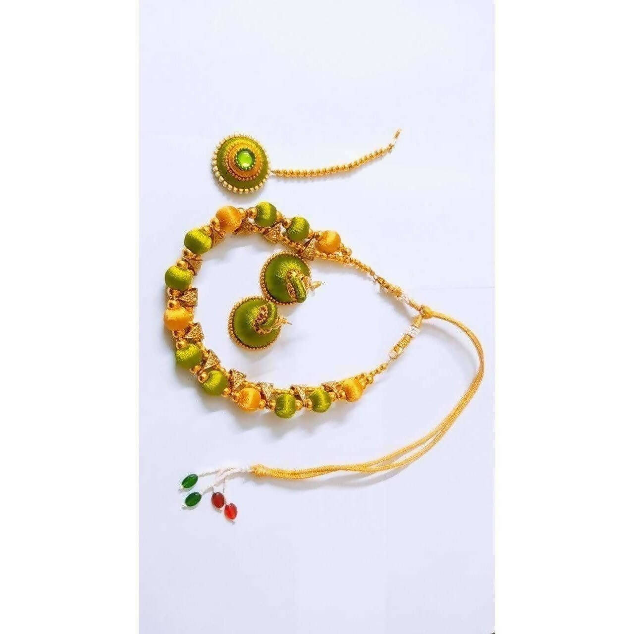 Green and Gold Silk Threaded Necklace Set with Earrings and Maang Tika - Grab2buy