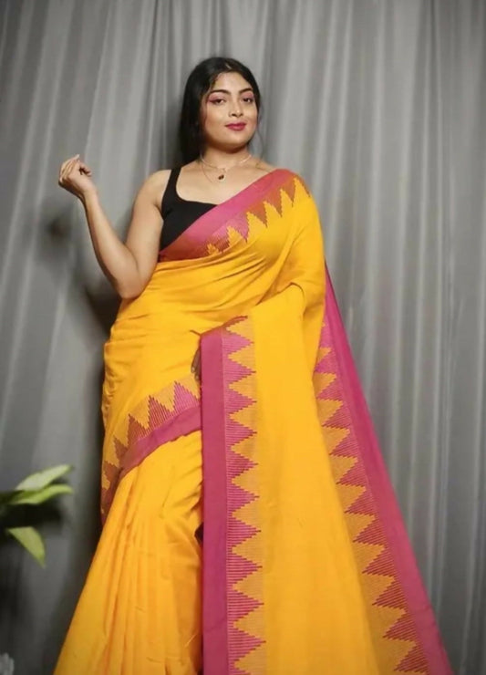Exclusive Collection Beautiful Yellow Pure Cotton Woven Handloom Grab2Buy With Running Blouse Piece
