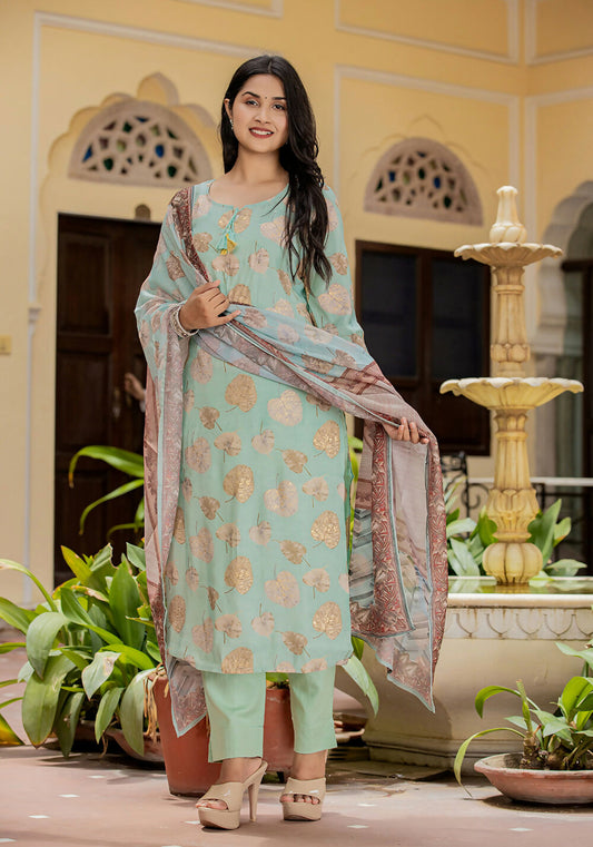 Kaajh Women's Green Modal Silk Printed Kurta Pant Set With Dupatta