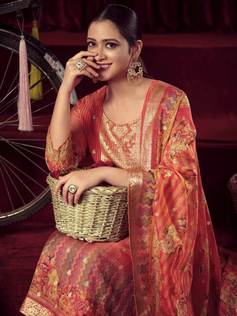 Aastha Fashion Women's Orange Organza Jacquard Woven Kurta with Trouser & Dupatta - Grab2buy