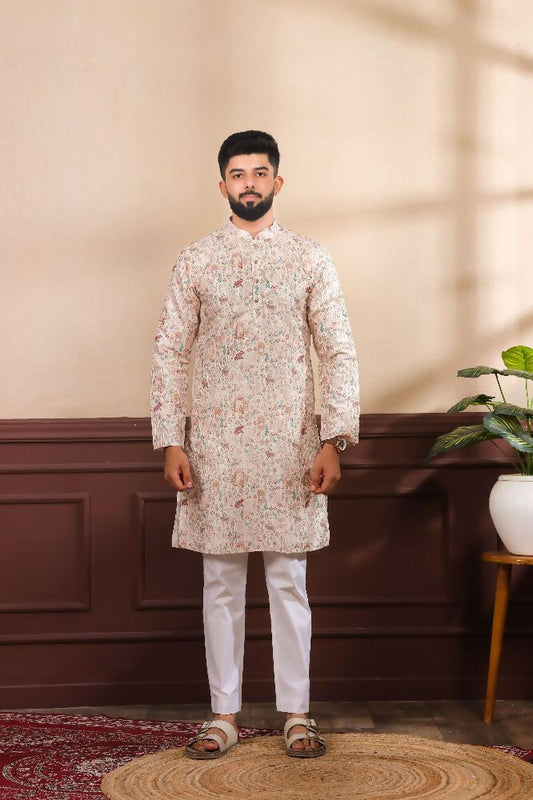 Beige Art Silk Digital Printed, Embroidery Work Kurta Set - Mahotsav