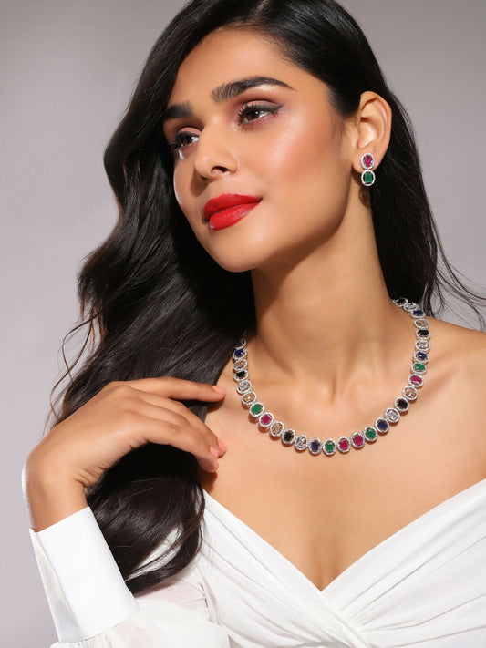 Diamond & Semi Precious Stone Neckpiece with Small Earrings- Ruby Raang Grab2Buy Ruby Raang Grab2Buy