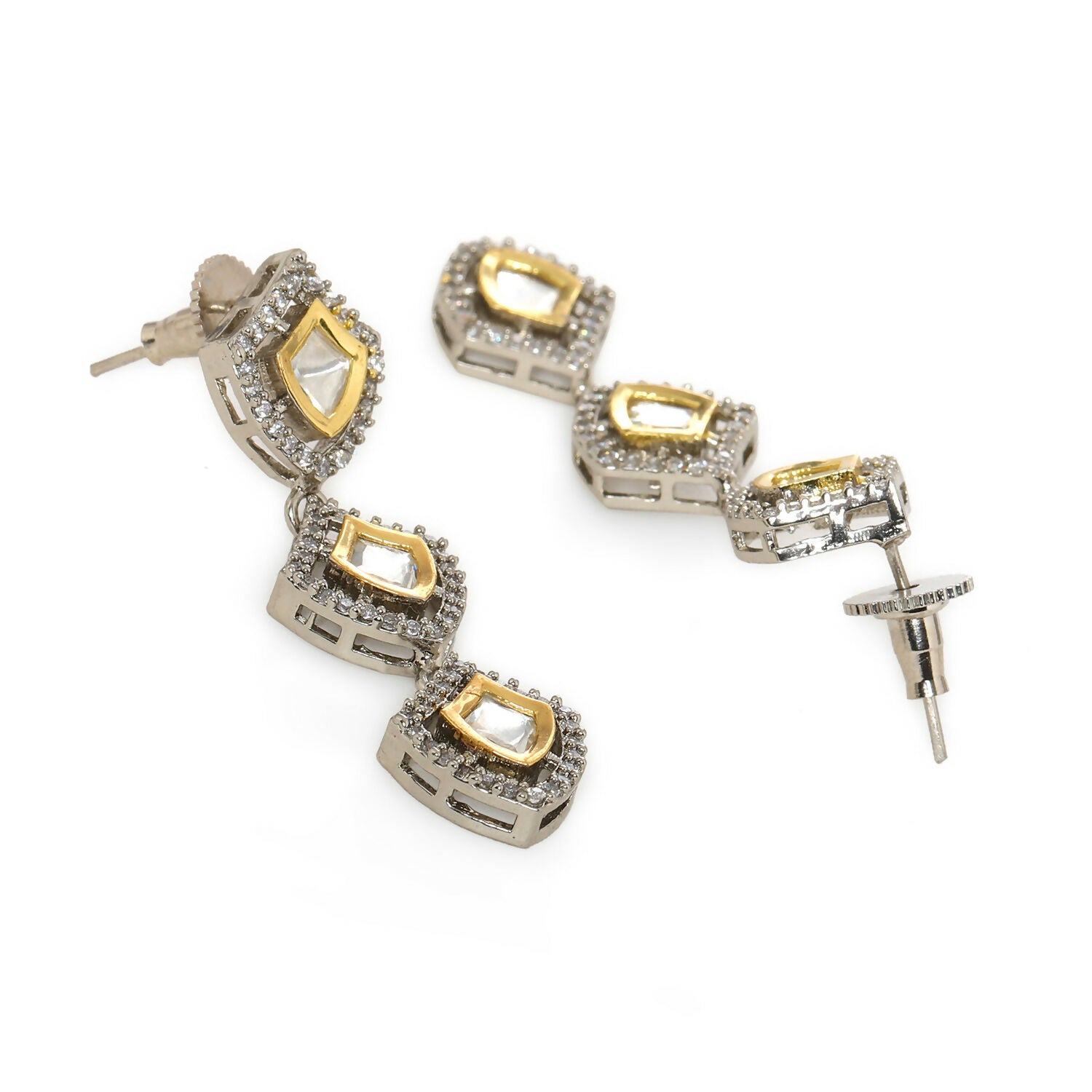 3 Tier Kundan and Diamond Earrings (Silver) - Ruby Raang - Grab2buy