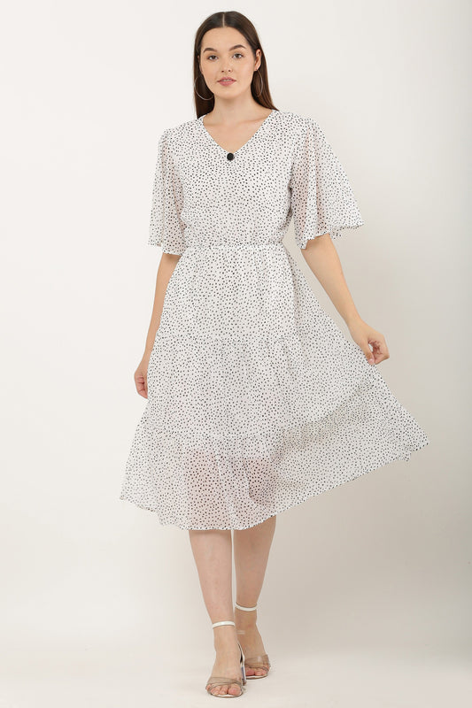 PAVONINE Micro Dots V-Neck Georgette Fabric White Dress For Women