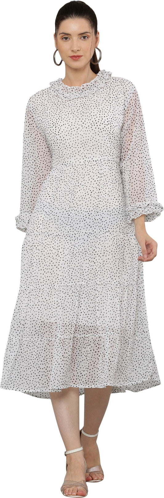 PAVONINE Micro Dots Frill-Neck Georgette Fabric White Dress For Women